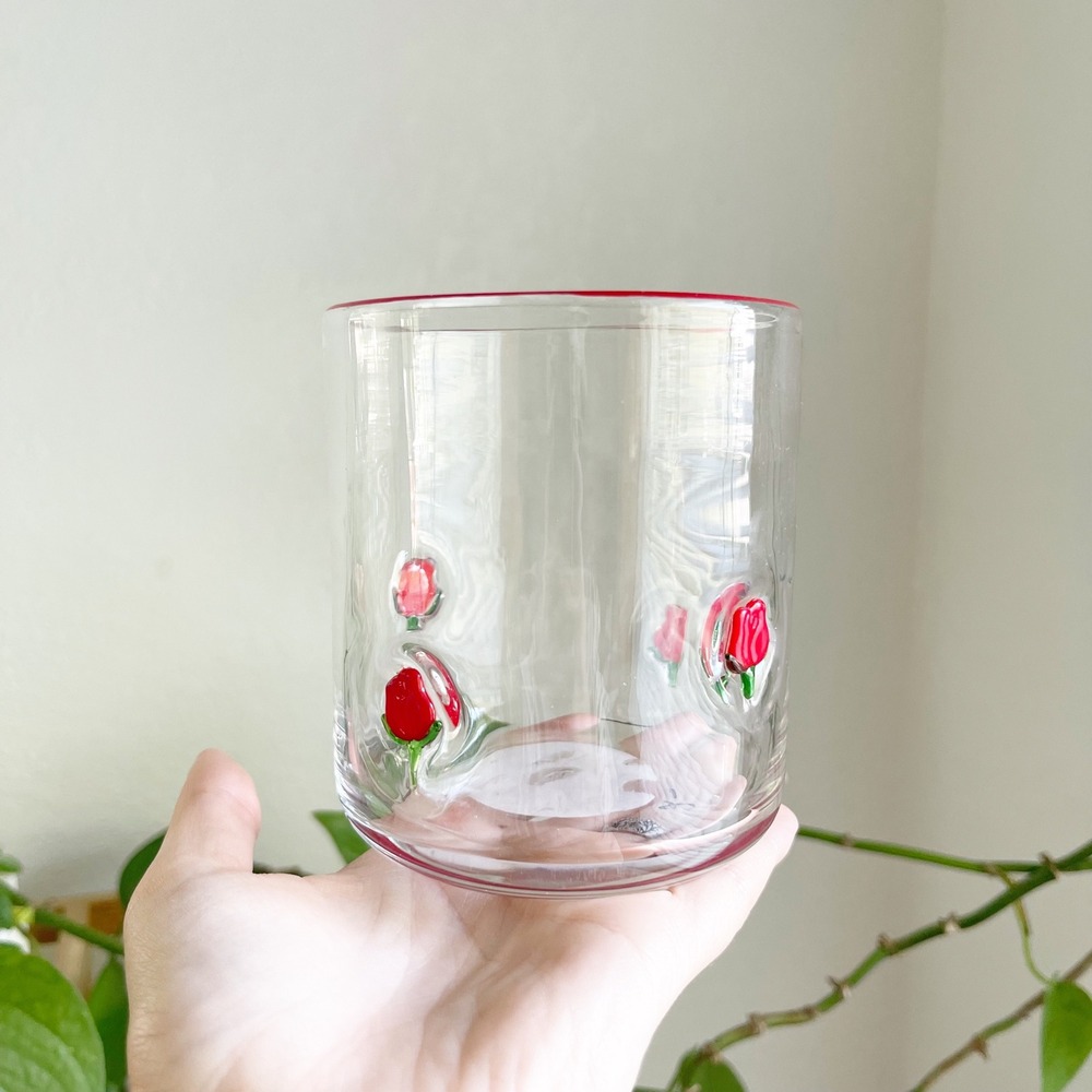 Vintage Style 3D Embossed Red Rose Glass Tumbler with Red Rim Floral Drinkware